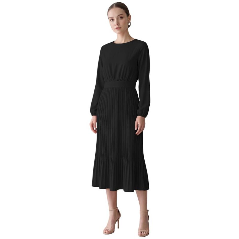 Women's Lantern Sleeve Pleated A-Line Flowy Midi Dress Black